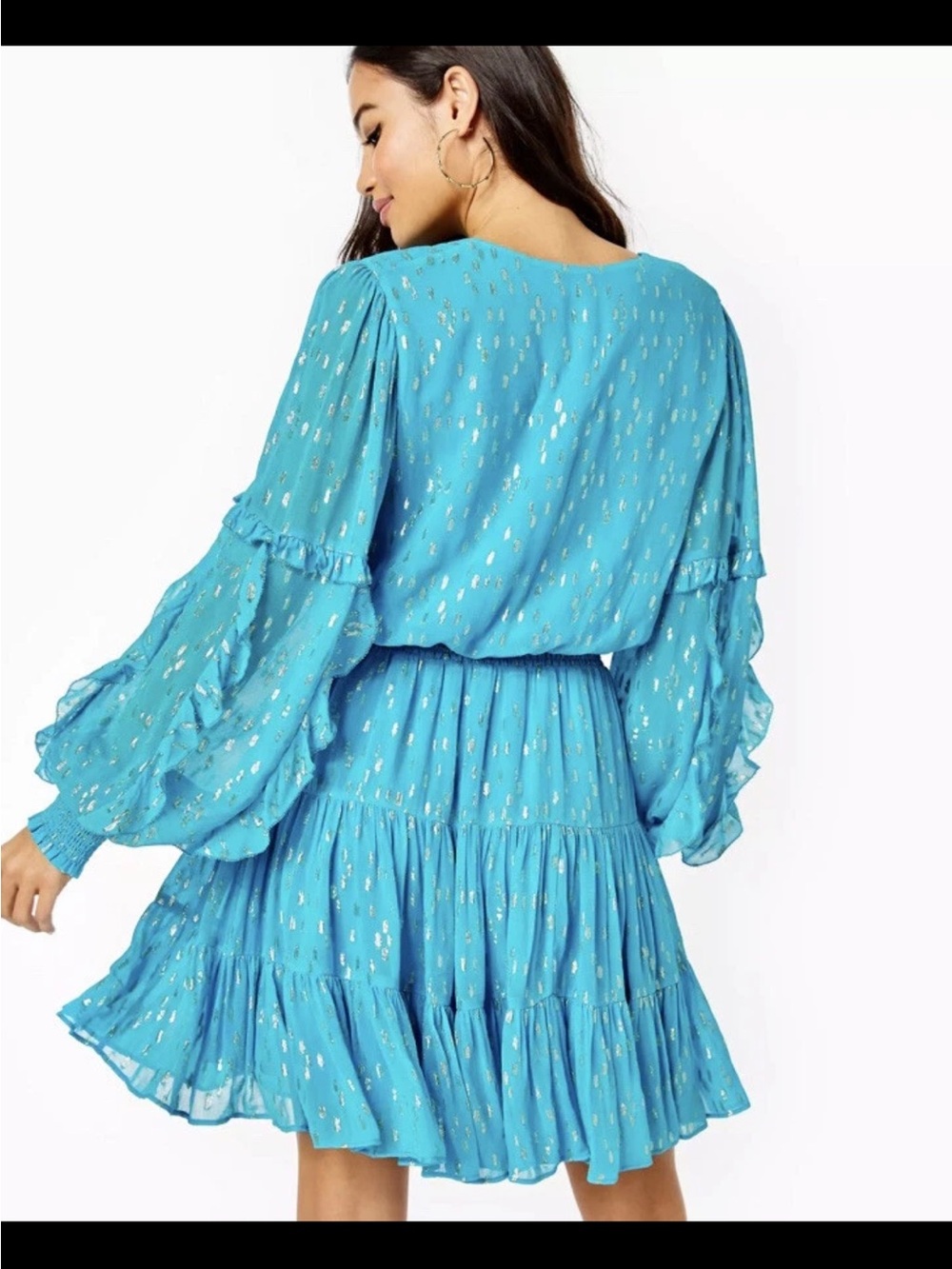 Lilly Pulitzer Turquoise Blue Long-Sleeve Tiered Smocked Dress size 8 - Picture 4 of 8